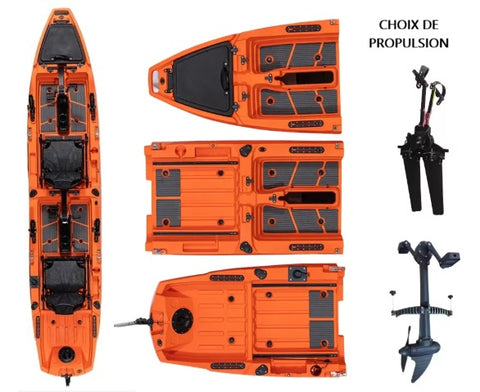 YANES PROPECHE SIMPLE OU DOUBLE MODULAIRE 14' <br>KAYAK DE PÊCHE À PÉDALES<br>Choix de couleur | YANES PROPECHE SINGLE OR DOUBLE MODULAR <br>PEDAL DRIVE FISHING KAYAK 14' <br>Choice of colors